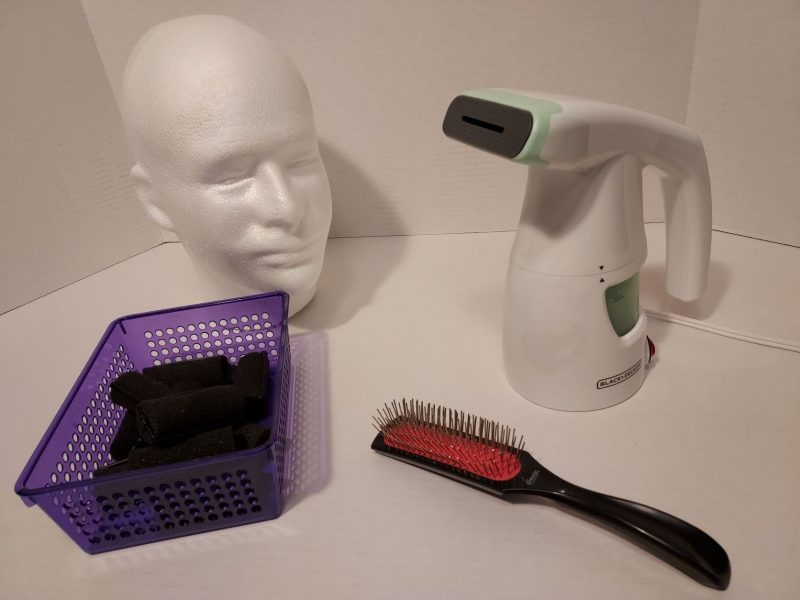 tools to style synthetic wigs - curlers, wire brush, wig stand, garment steamer